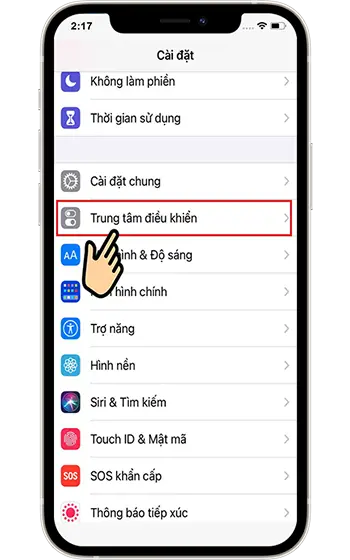 Bước 1: Vào Cài Đặt > Chọn Trung tâm điều khiển.